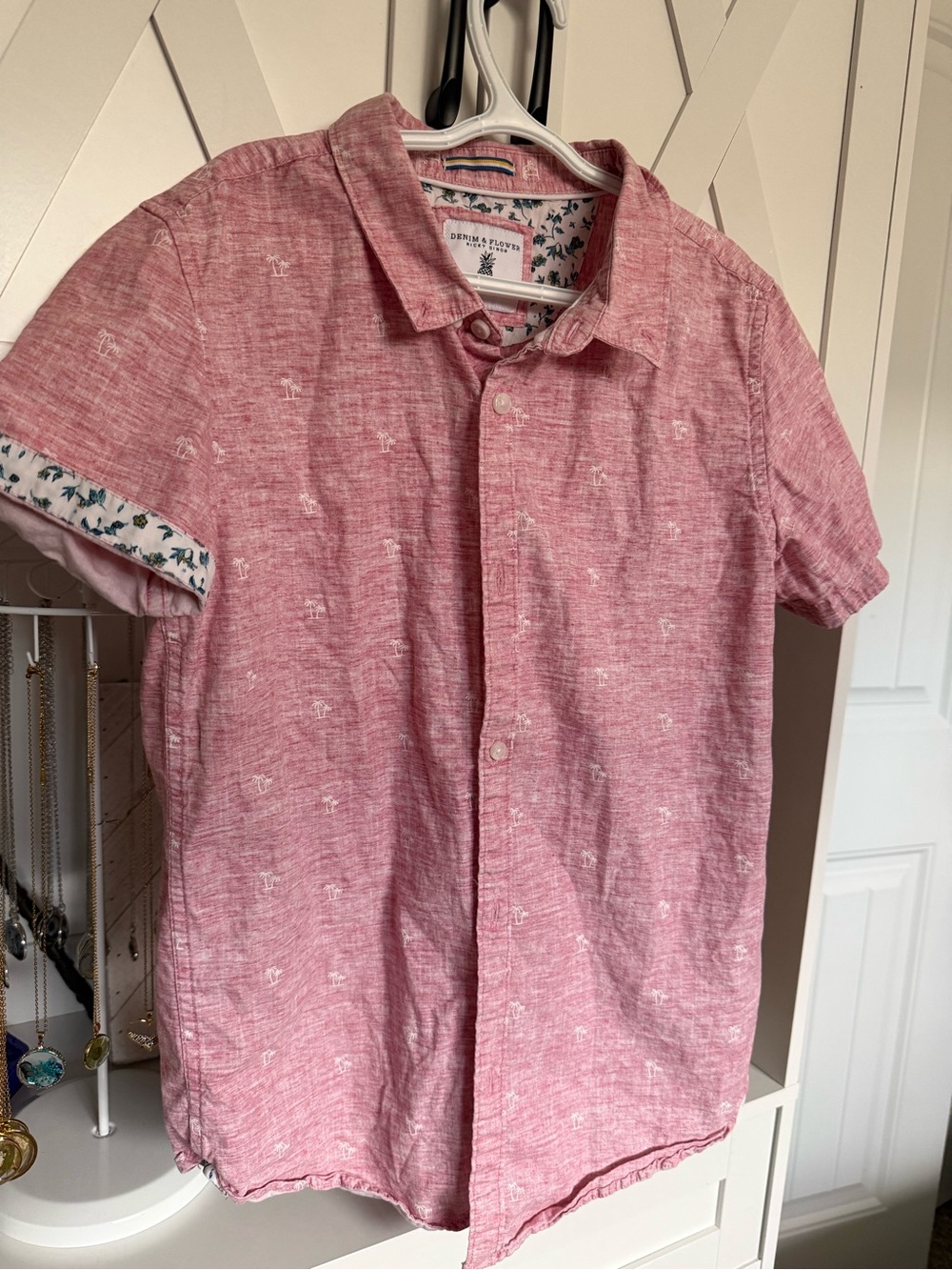Denim & Flower Pink Short-Sleeve Button-Down Shirt with Floral Trim